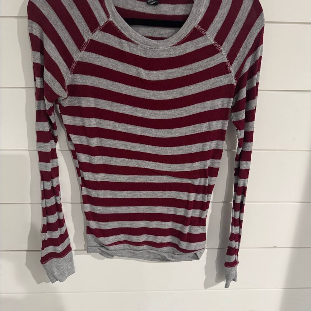 Forever 21 Burgundy and Gray Striped Long Sleeve Top